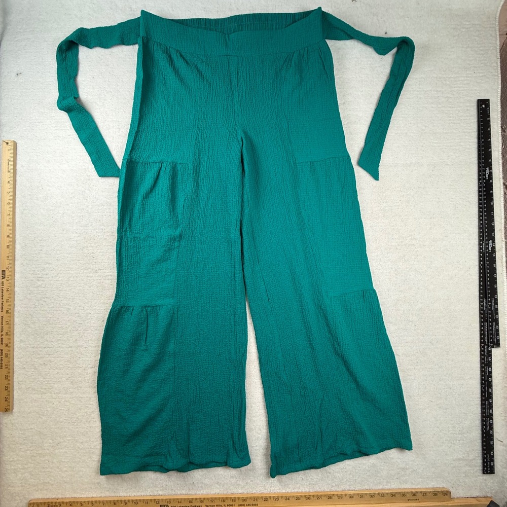 Cato Womens Large Teal Green Crinkle Textured Tiered Wide Leg Palazzo Pants Tie